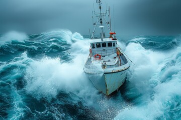 A dynamic image capturing a fishing vessel as it confronts towering sea waves during rough weather, depicting the harsh realities at sea