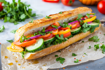 tasty and healthy veggie or vegetarian sadwich with fresh vegetables full of vitamins and antioxidants, tomato, cucumber, onion and pepper