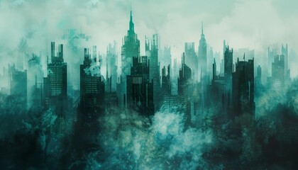 A dystopian future in ruins, Graystone's skyline in teal and emerald, whispers of disaster. Survival and decay weave a tragic symphony amidst the apocalypse.
