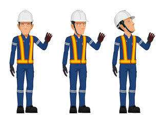 set of worker in the postion of raising hand to touch some thing on white background