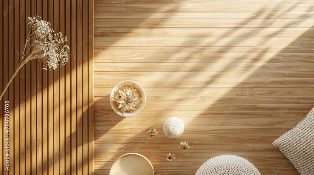 Aufkleber Natural Duotone background with Wood texture. Spring summer concept with flat lay. Top view. 3D render.