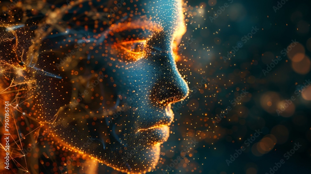 Poster A digital human face based on artificial intelligence. A 3D rendering of a big data or cyber security concept.