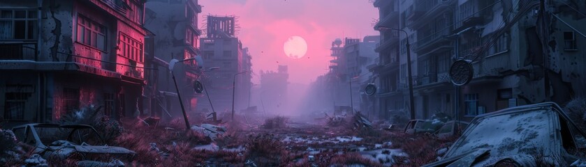 Journey through a surreal apocalyptic dystopia eerie remnants of futuristic cities under a surreal sky of electric pink, azure, and powder blue hues.