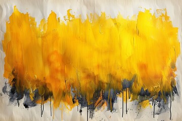 This expansive painting features energetic yellow tones with hints of black and orange, embodying a lively abstract landscape