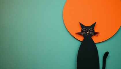 Obraz premium A minimalist cut out of a slacker kitty in front of a teal and tangerine abstract background, following the rule of thirds.