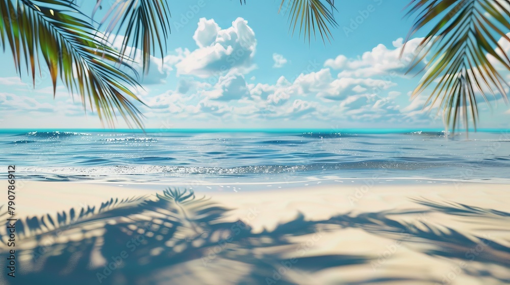 Poster A natural summer beach backdrop with palm tree shadow for showcasing products. Abstract 3D summer scene with a view of the sea.