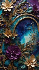 Majestic, ornate frame, adorned with intricate golden floral designs, deep purple flowers, encases mesmerizing galaxy scene. Swirling blues.