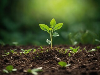Fototapeta premium Young plant with vibrant green leaves sprouts from fertile, dark brown soil, illuminated by soft glow of sunlight that filters through out-of-focus green backdrop, suggesting natural, outdoor setting.