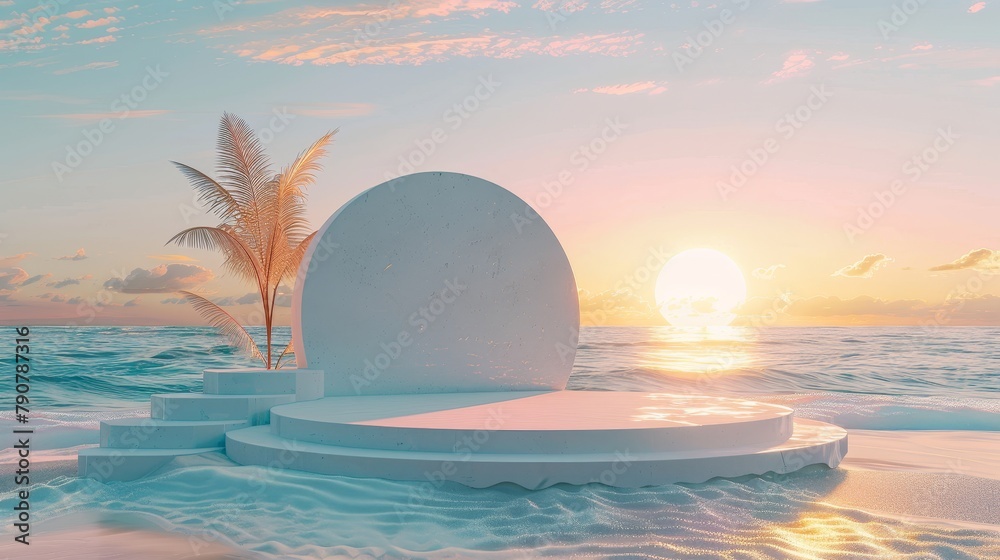Aufkleber a summer beach scene with a podium background in 3d.