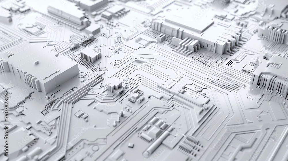 Poster Circuit board texture on futuristic abstract background in white. 3D white tech background.