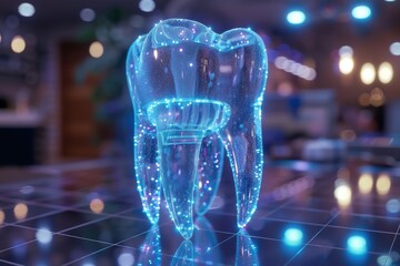 A single tooth radiates a soft, blue glow, reflecting off glossy floor tiles inside what appears to be a modern space - obrazy, fototapety, plakaty