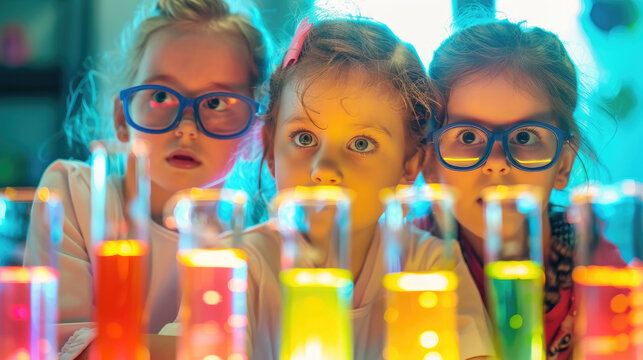 A group of young girls standing next to each other in front of test tubes, engaged in scientific experimentation