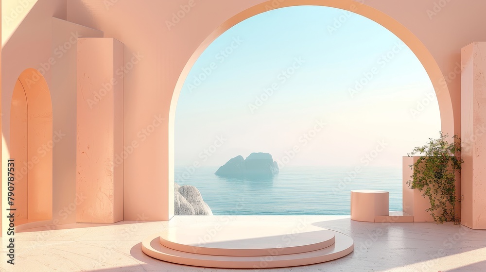 Poster a geometrical scene in natural daylight with an arch and podium. a minimalist landscape background. 
