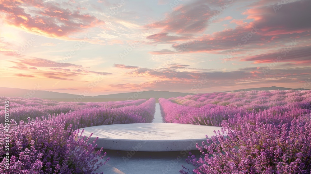 Sticker Background for podium with lavender field in natural beauty. 3D rendering.