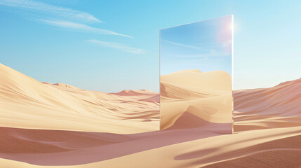 Desert landscape with sand and square mirror under the clear blue sky - obrazy, fototapety, plakaty