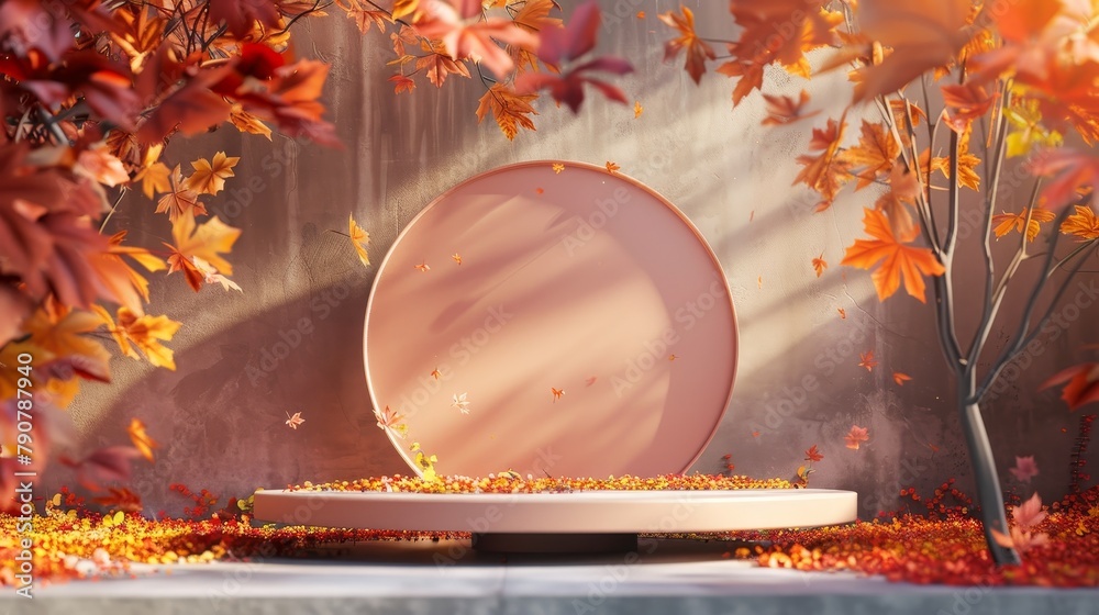 Poster 3D rendering of a podium with a product display in autumn.