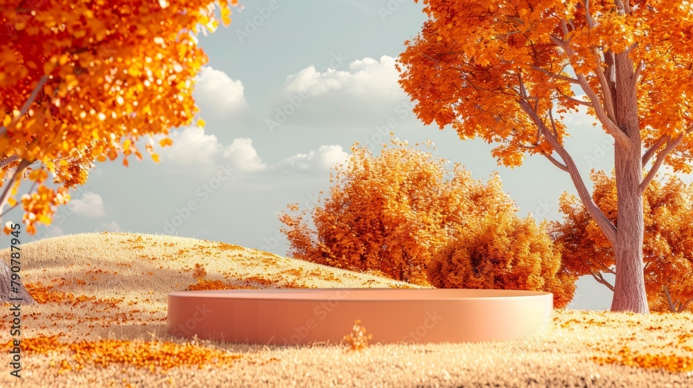 Poster Animated 3D rendering of fall landscape with podium for displaying products.