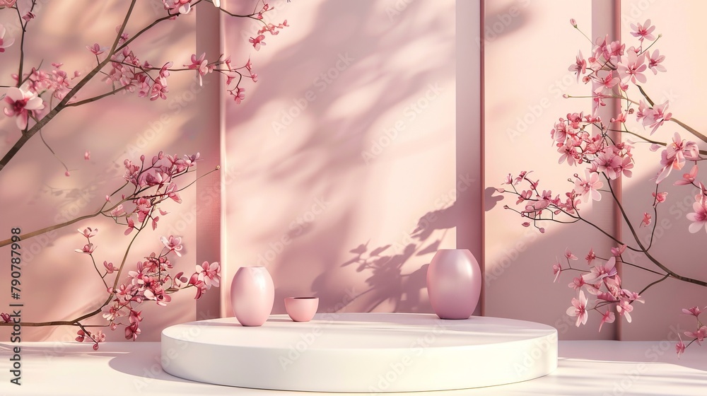Aufkleber an attractive podium backdrop for showcasing spring flowers. 3d rendering.