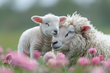 A heartwarming image of a young lamb nestled close to a ewe in a vibrant field of pink flowers,...