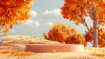 Animated 3D rendering of fall landscape with podium for displaying products.