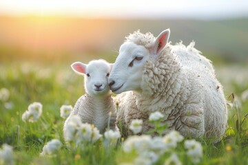 A touching scene of a fuzzy lamb close to its mother sheep, bathed in the soft warm light of the golden hour, creating a peaceful atmosphere