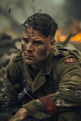 Fototapeta premium Canadian Infantryman Resting on the Ground