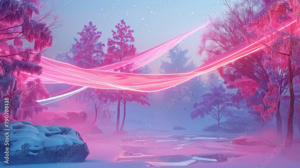Aufkleber A 3D rendering of an abstract winter landscape scene with flying cloth and neon lights.