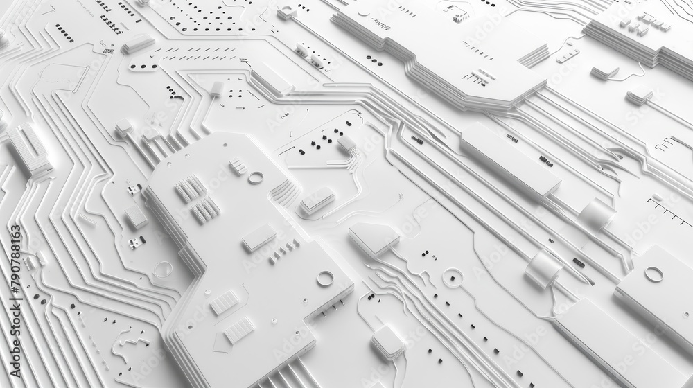 Poster This abstract background has a circuit board texture reminiscent of technology. It is a white 3D tech background.