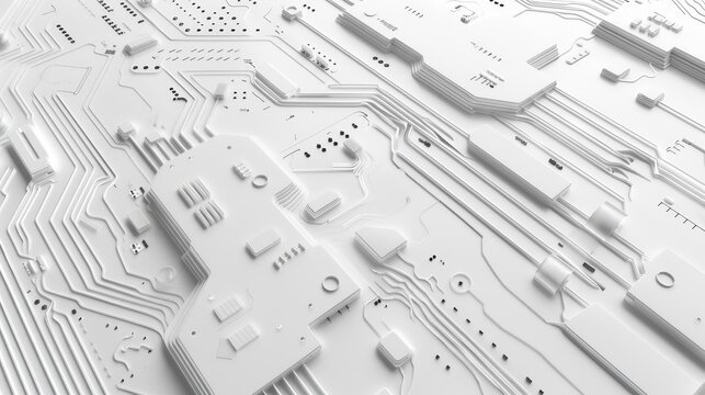 This abstract background has a circuit board texture reminiscent of technology. It is a white 3D tech background.