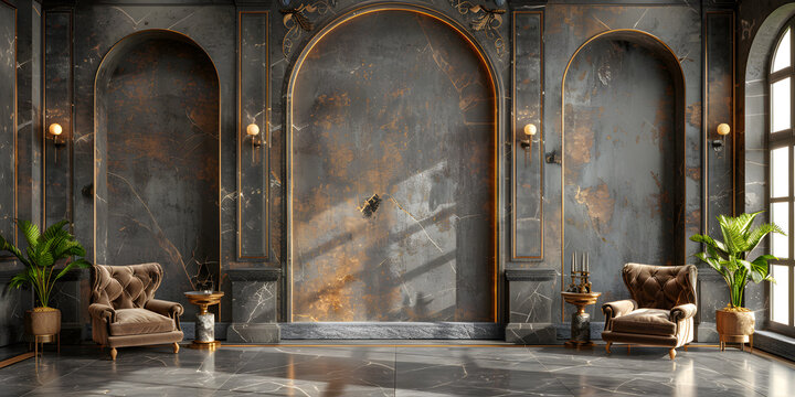 Antiquated Grey Parlor Boasting Marble Decor and Symmetrical Layout