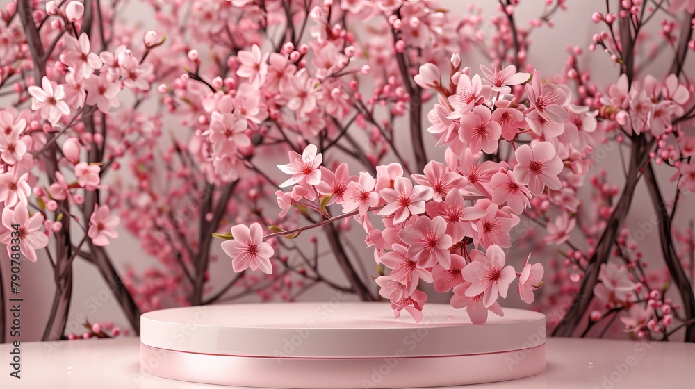 Leinwandbilder An ensemble of spring sakura cherry blossom trees is used as a podium backdrop. An animated rendering is shown.