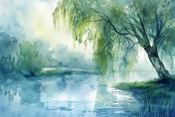 Delicate illustration of a willow tree beside a calm river, its weeping branches sweeping in gentle blues and greens, creating a tranquil scene