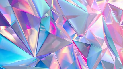 Crystal background with iridescent texture and faceted gem in a geometric abstract shape. 3D render.