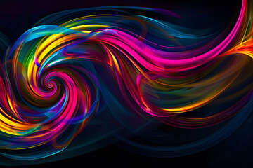 Neon spirals cascading in a cascade of vibrant hues. Abstract art on black background.