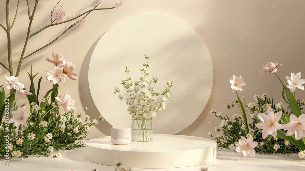 Aufkleber a natural beauty podium backdrop for displaying a product with spring flowers. 3d rendering.