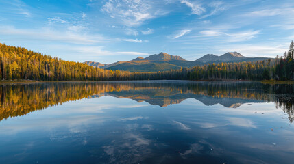 Majestic mountain peaks are reflected in the calm lake, surrounded by dense forests and the blue sky in a peaceful autumn at dawn