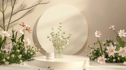 A natural beauty podium backdrop for displaying a product with spring flowers. 3D rendering.