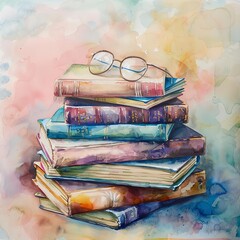 Gentle depiction of a stack of pastelcolored books with a small reading glasses atop, inviting and cozy, perfect for a quiet corner