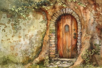 Enchanting watercolor of a fairy door at the base of a tree, imagined in light browns and greens, inviting magical thoughts and stories - obrazy, fototapety, plakaty