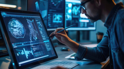 A focused healthcare worker reviews neurological imaging data on a tablet in a dimly lit office, indicating late work hours
