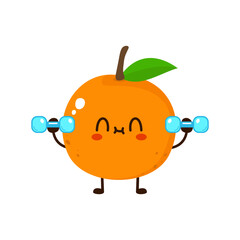 Cute funny orange fruit is doing gym with dumbbells