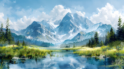 Summit Serenity: Watercolor Journey Through Diverse Ecosystems Shaped by Altitude - obrazy, fototapety, plakaty