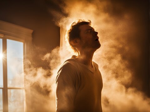 silhouette of an allergic person in dusty room.