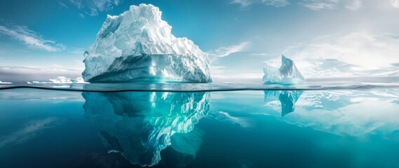 Pollution of the oceans, white iceberg floats in the ocean with a view underwater, Tip of the iceberg, Half underwater, Hidden Danger  Global Warming Concept - obrazy, fototapety, plakaty