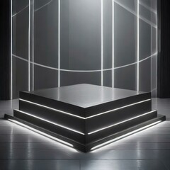 A futuristic podium with clean lines and glowing accents, set against a backdrop of shimmering reflections, creating a captivating visual spectacle that embodies modernity and sophistication.
