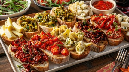 Variety of bruschetta with tomatoes, cheese and olives - obrazy, fototapety, plakaty