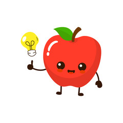 Cute funny cartoon apple fruit with idea light bulb