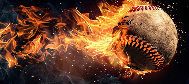 Flaming baseball on black background