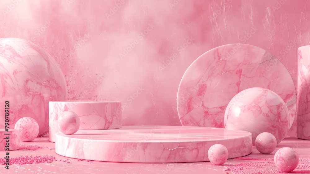 Leinwandbilder 3D abstract composition. Marble podium backdrop for product display with geometric 3D cube. Pink background.