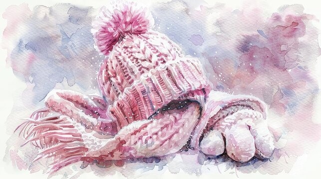 Sweet watercolor of a knit hat and mittens set, painted in soft pinks and whites, cozy and cute, suggestive of warmth and comfort